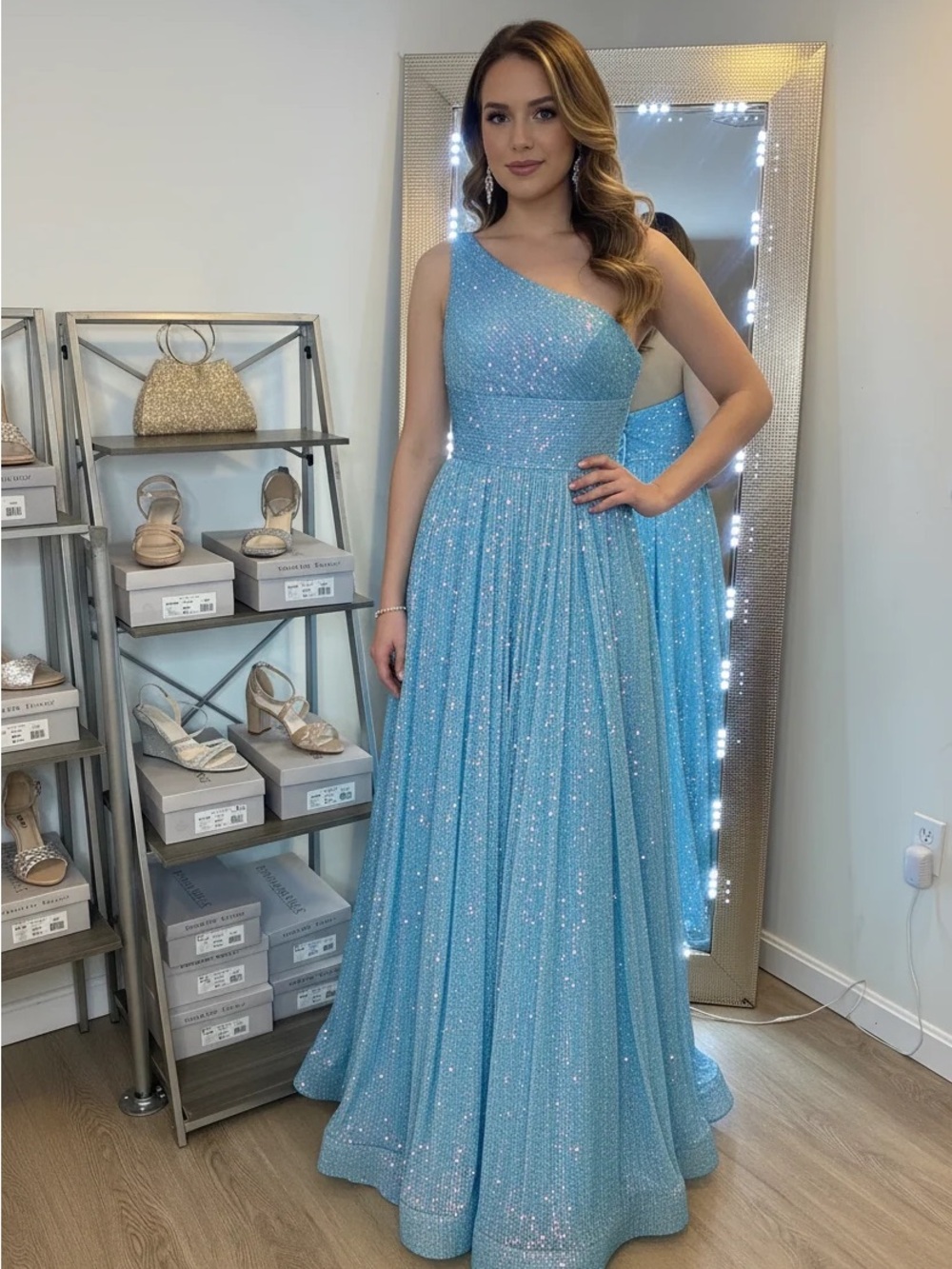 Sherri Hill One-Shoulder Sparkling Light Blue Prom Gown